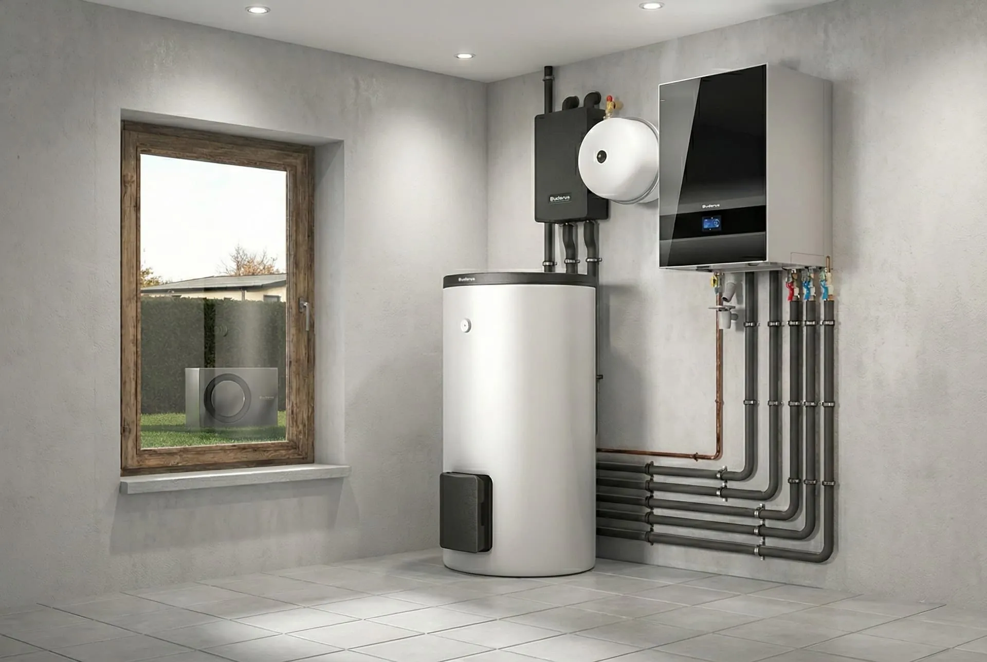 Buderus Gasbrennwerttherme mit Warmwasserspeicher im Technikraum