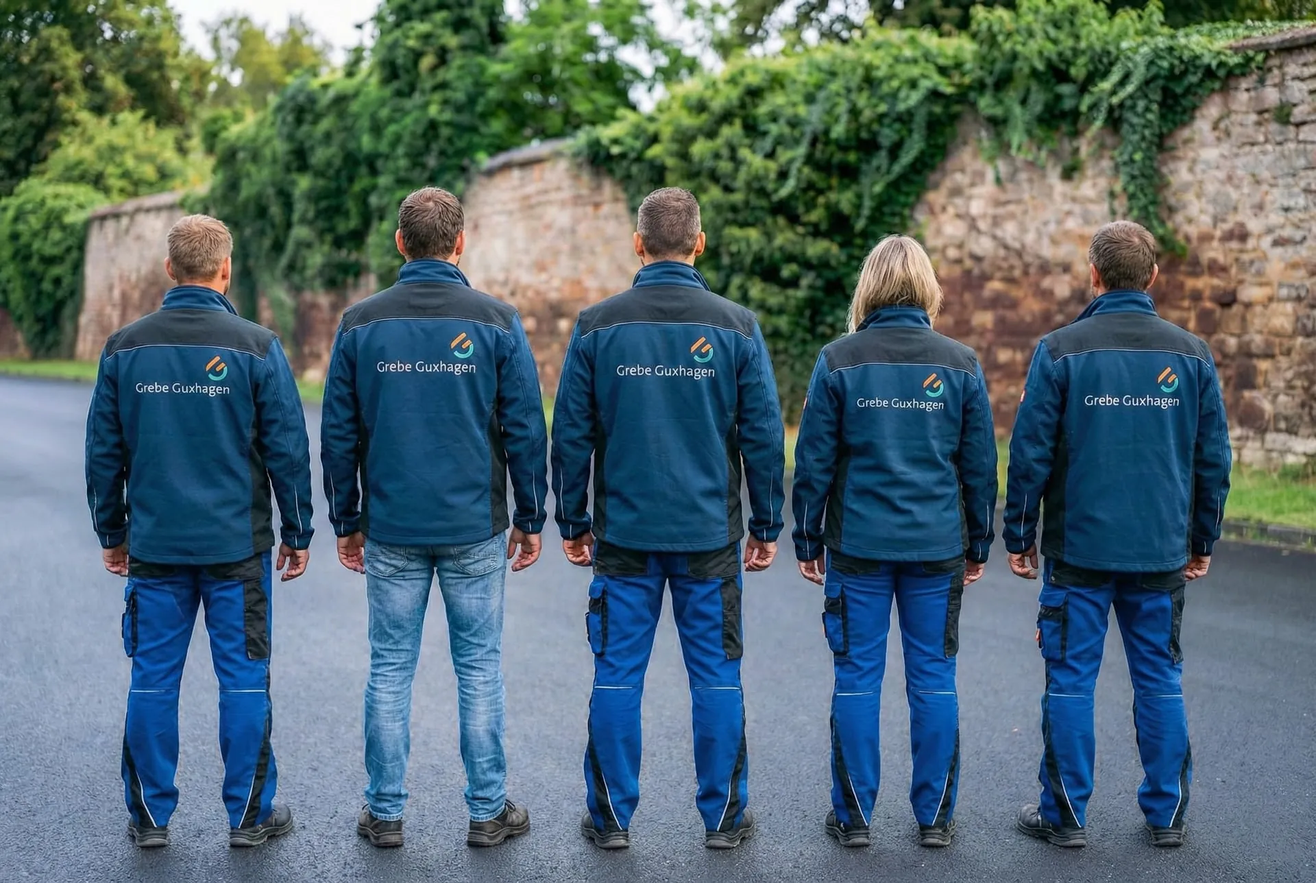 Fünf Mitarbeitende von Grebe Guxhagen von hinten, Arbeitsjacken mit Firmenlogo
