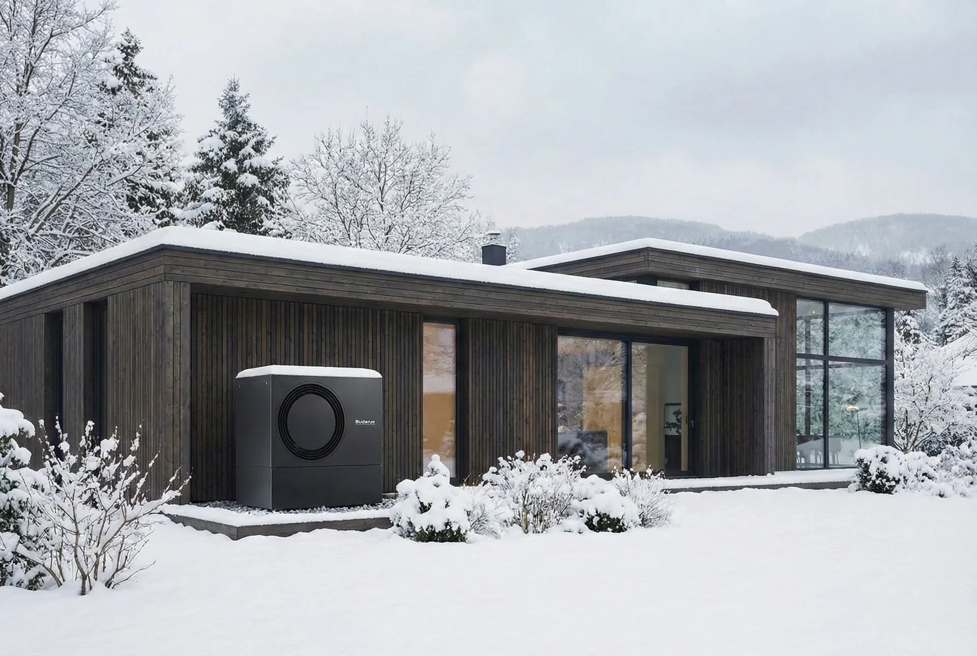 Buderus Wärmepumpen-Außengerät vor einem Haus im Winter