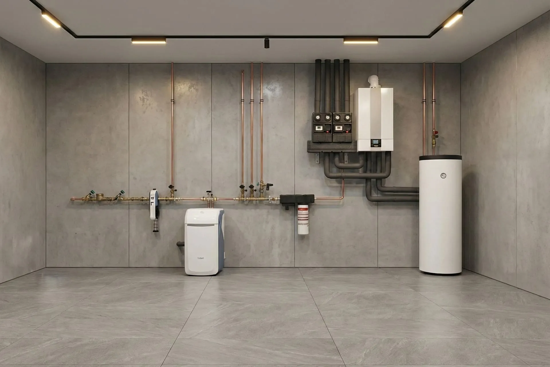 Technikraum mit BWT Enthärtungsanlage, Filter, Therme und Speicher