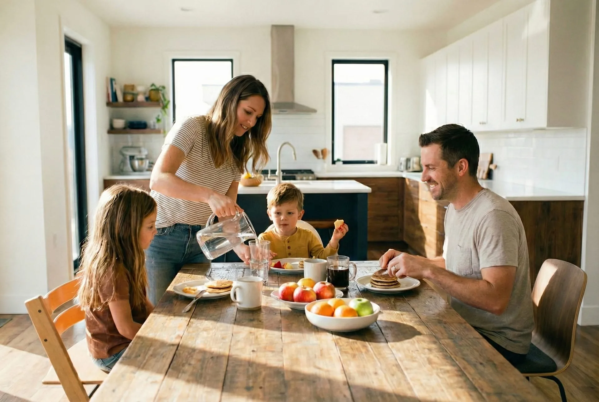 Familie am Frühstückstisch, Wasser wird in ein Glas gegossen